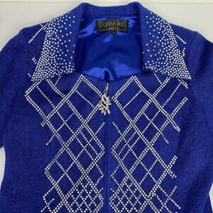 STUNNING rhinestone Donna Vinci Knits Church Skirt Suit 8 Blue Wool Blend Jewels